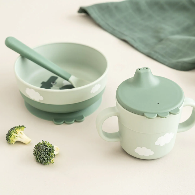 foodie first meal set w/suction - happy clouds - green
