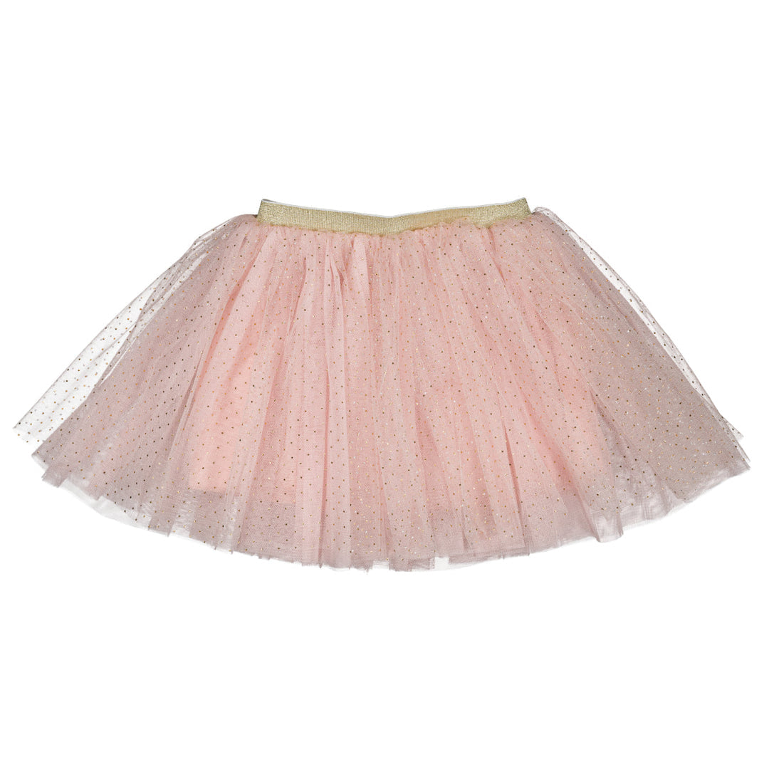 Pink tutu skirt with gold polka dots - flat lay - girls ballet dress up