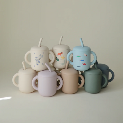 Silicone Training Cup + Straw- Cambridge blue