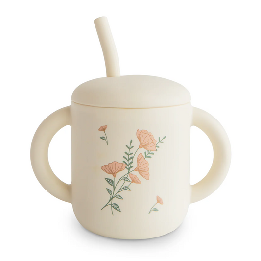 Silicone Training Cup + Straw- Pink Flowers