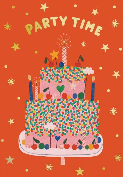 Party Time Red Cake Birthday Card Gold Foil by Daria Solak