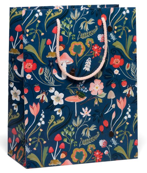 Large Forest Blue floral gift bag illustrated by Kelsey Garrity Riley with cotton rope handles