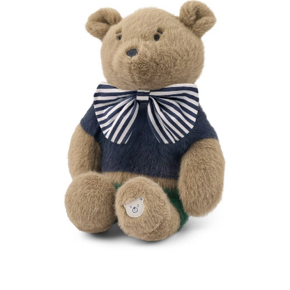Elodie Hubert Bear Celebration Teddy 23cm brown plush with navy striped bowtie sitting
