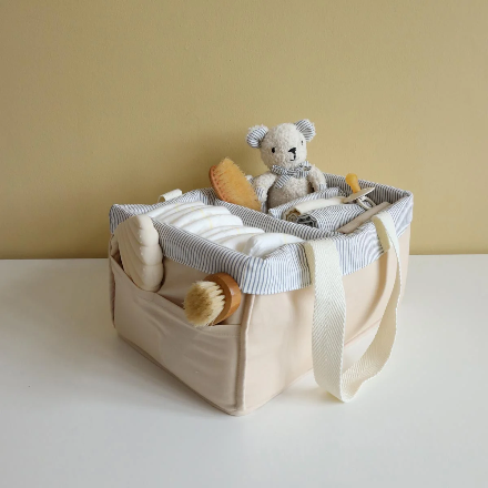 Cam Cam Copenhagen Changing Caddy Classic Blue Stripes styled in nursery with baby essentials