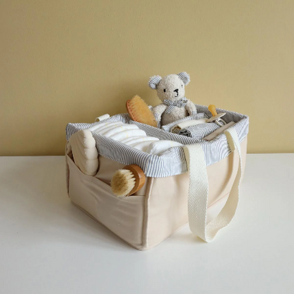 Cam Cam Copenhagen Changing Caddy Classic Blue Stripes styled in nursery with baby essentials
