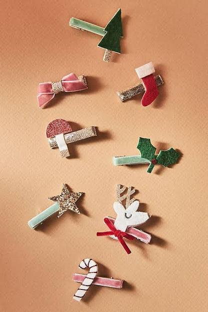 Meri Meri 8 pack hair clips close up - velvet and glitter Christmas icons