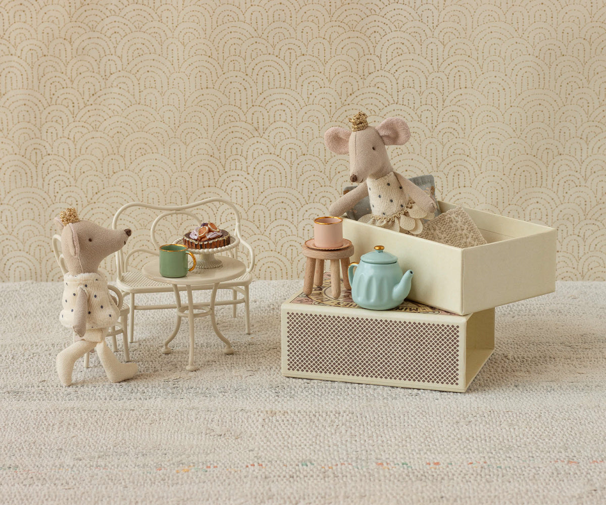 Maileg Royal Twin Mice in nursery with Maileg furniture - fairy tale play