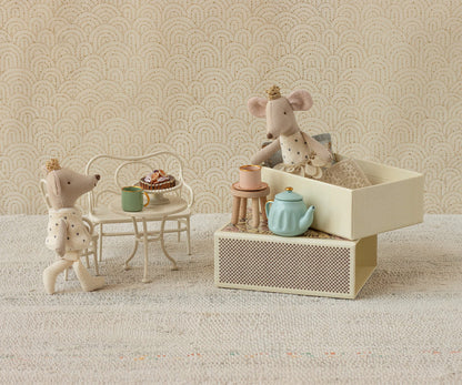 Maileg Royal Twin Mice in nursery with Maileg furniture - fairy tale play